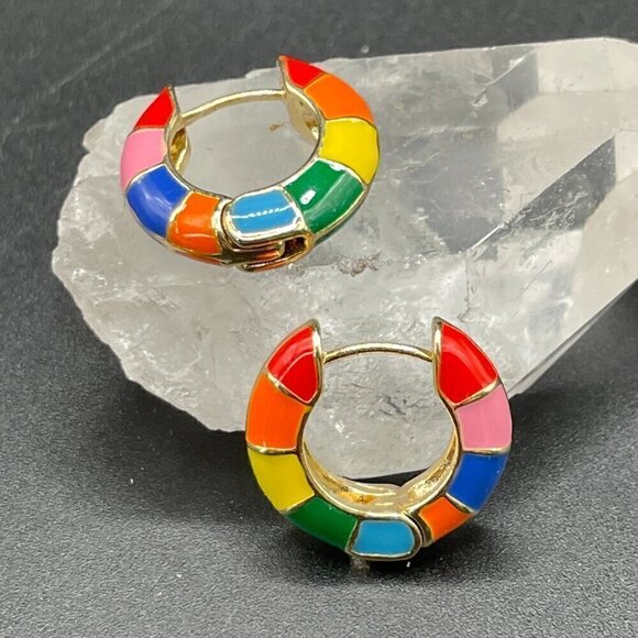 Rainbow Multi-color Enamel Huggie Earrings Medium Hoop #1343 - Picture 3 of 7